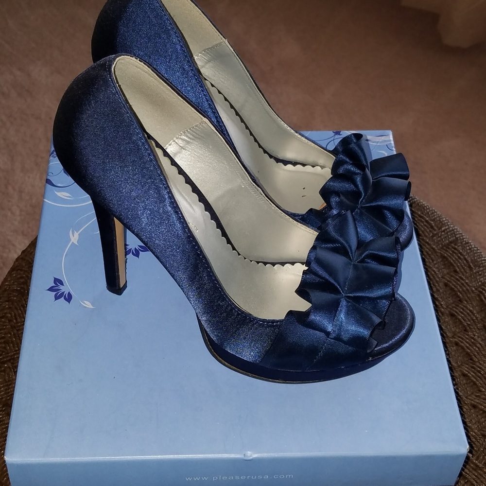 Navy Blue Satin Peep Toe Heels Size 7